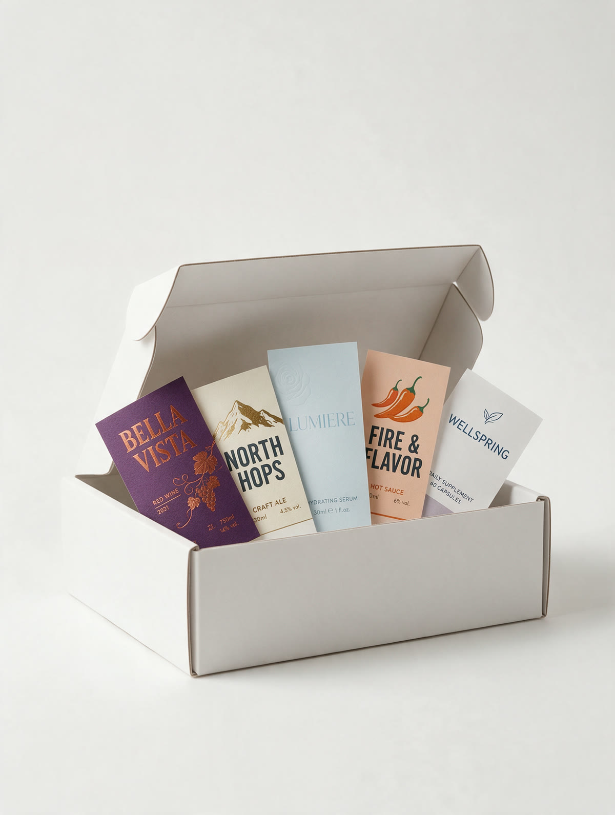 An open white sample box holding a fan of printed label samples: wine, craft ale, skincare, hot sauce and supplement