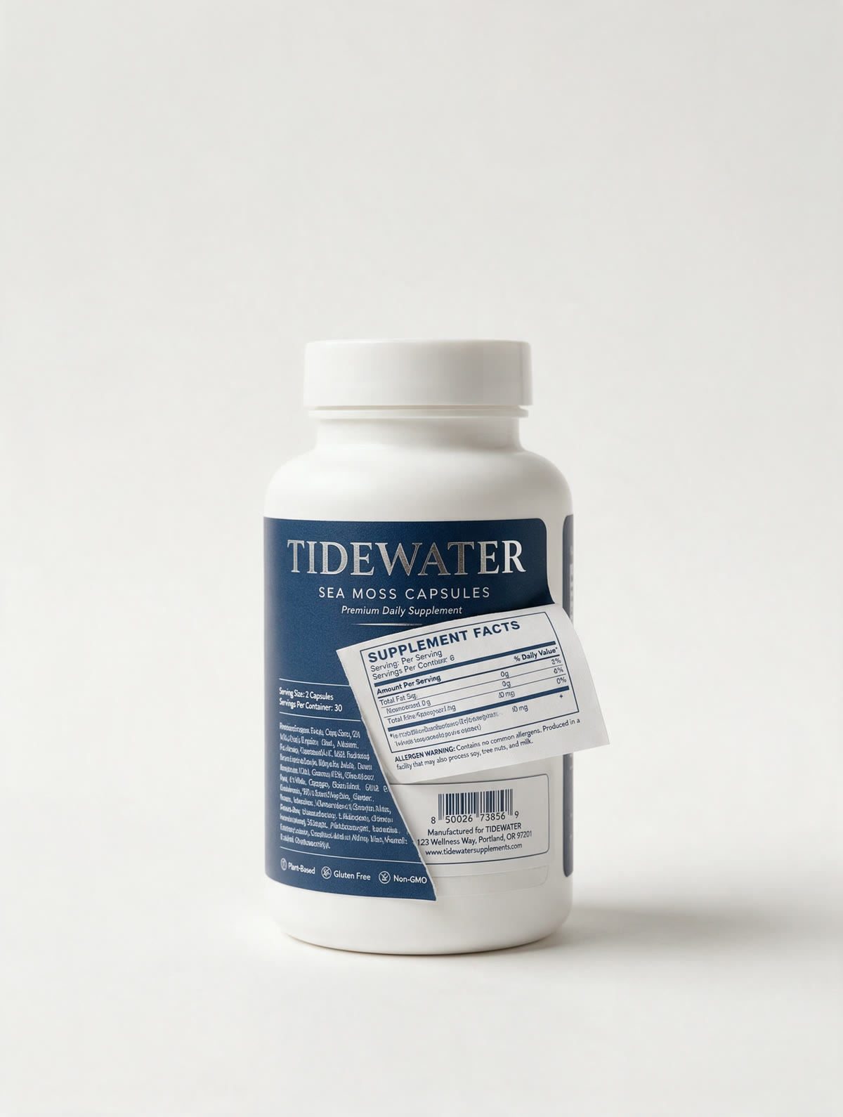 A Tidewater supplement bottle with its extended content label peeled open to show the supplement facts panel beneath