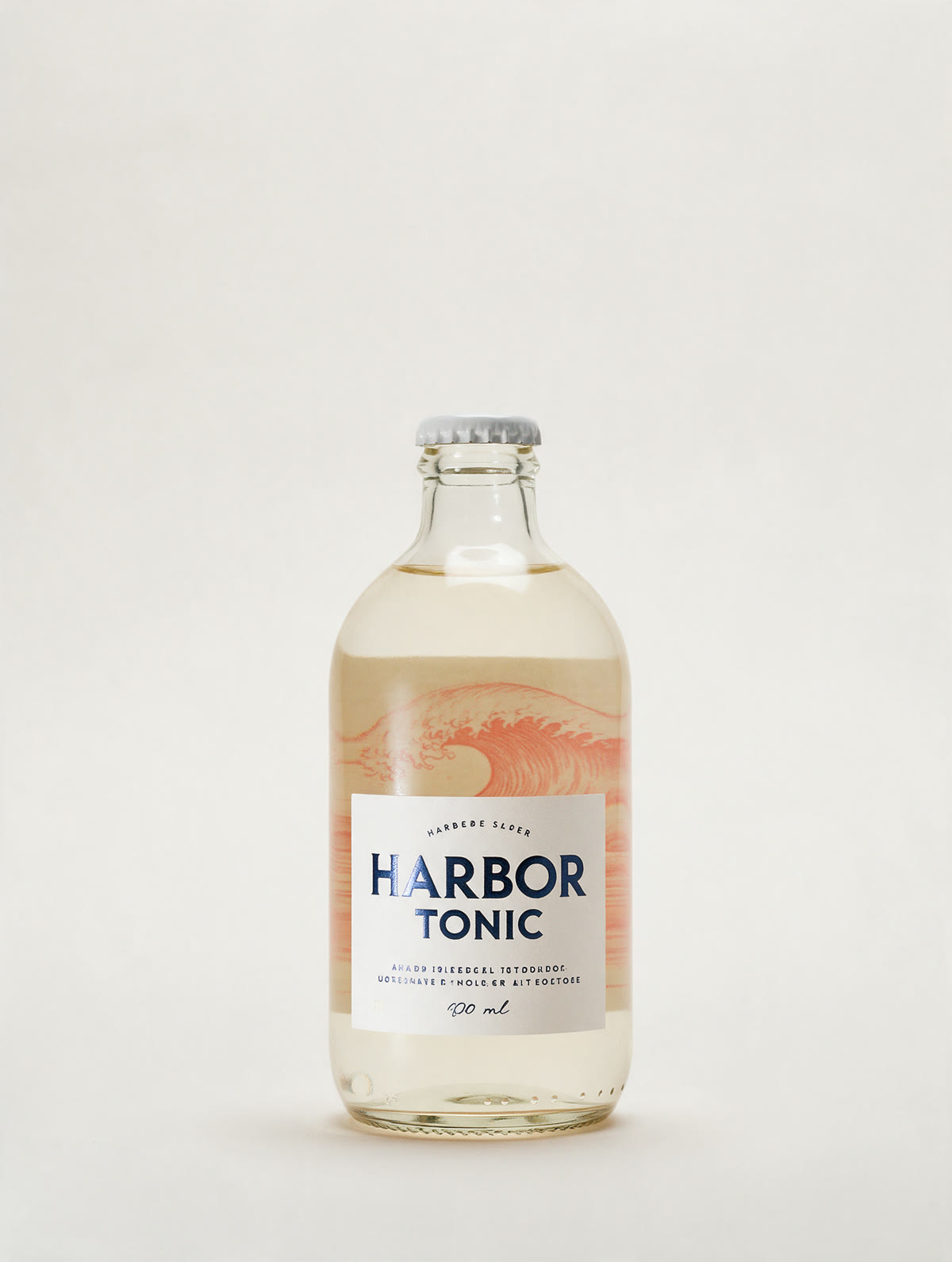 A Harbor Tonic bottle: a white front label, and a coral wave printed on the back of the label showing through the liquid