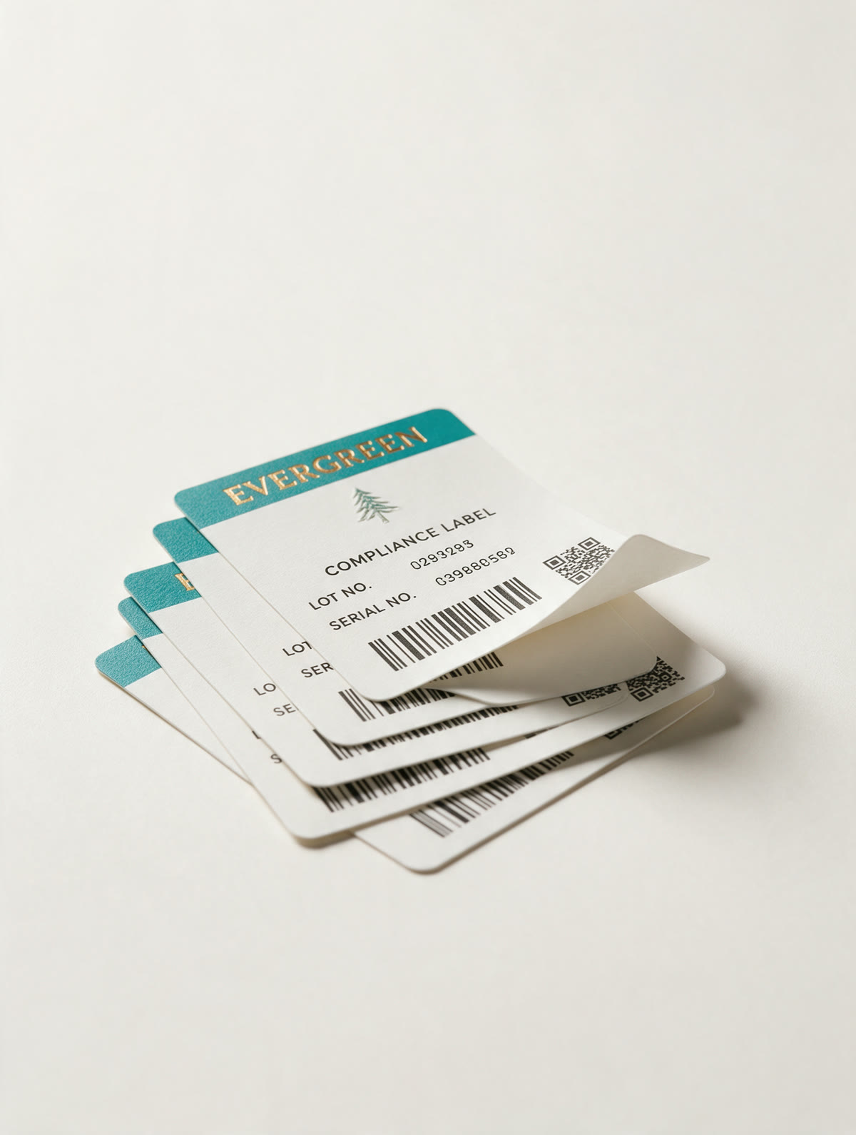 A stack of Evergreen compliance labels, each with its own barcode, QR code, lot and serial number